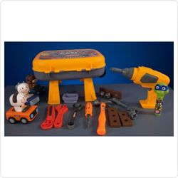 Kids Rolling Tool Box Case Workbench Set & Toy Bundle (With Electronic Drill)