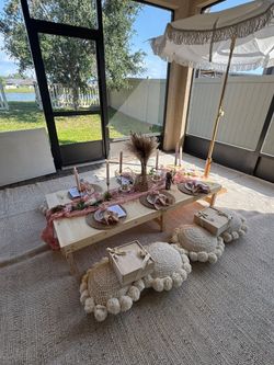 Boho Picnic Table with 8 Pillow Seats & Rug