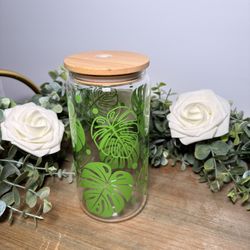 Tropical Leaf Glass Cup | Green Monstera Glass Can | Cute 16 oz Bamboo Lid Cup