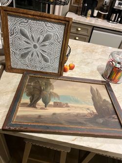 Antique adobe scenic picture cow on the couch and tin vintage pictures