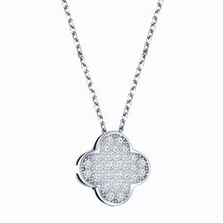 Silver Flower 4-leaf Lucky Clover Pave CZ White Gold Pendant Chain Necklace