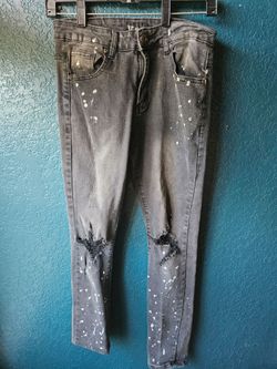Gray Distressed Skinny Jeans with Paint Splatter