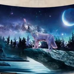 Cool Wolf Moutain Fantasy Forest Moon Wall Tapestry 37"× 27"