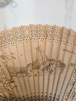 Chinese Pierced Wood Brise Folding Fan Landscape Inscription Carved Openwork 13"