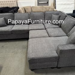 New Chenille Fabric Grey Sectional Couch Set Sofa And Ottoman With USB Ports, Reversible Chaise Left of Right, Ashley Style, BIG Large Gray Sofa SALE