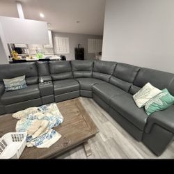 Leather Sectional Couch With Cupholders Cell Phone Charger, Electric Reclining