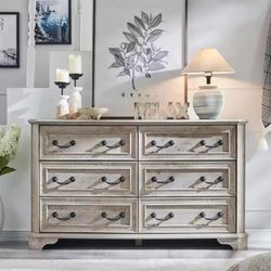 Farmhouse 6 Drawers Dresser for Bedroom, 54" Wide Wood Rustic Chest of Drawers with Natural Texture, Vintage Design, Storage Dressers Organizer for Be