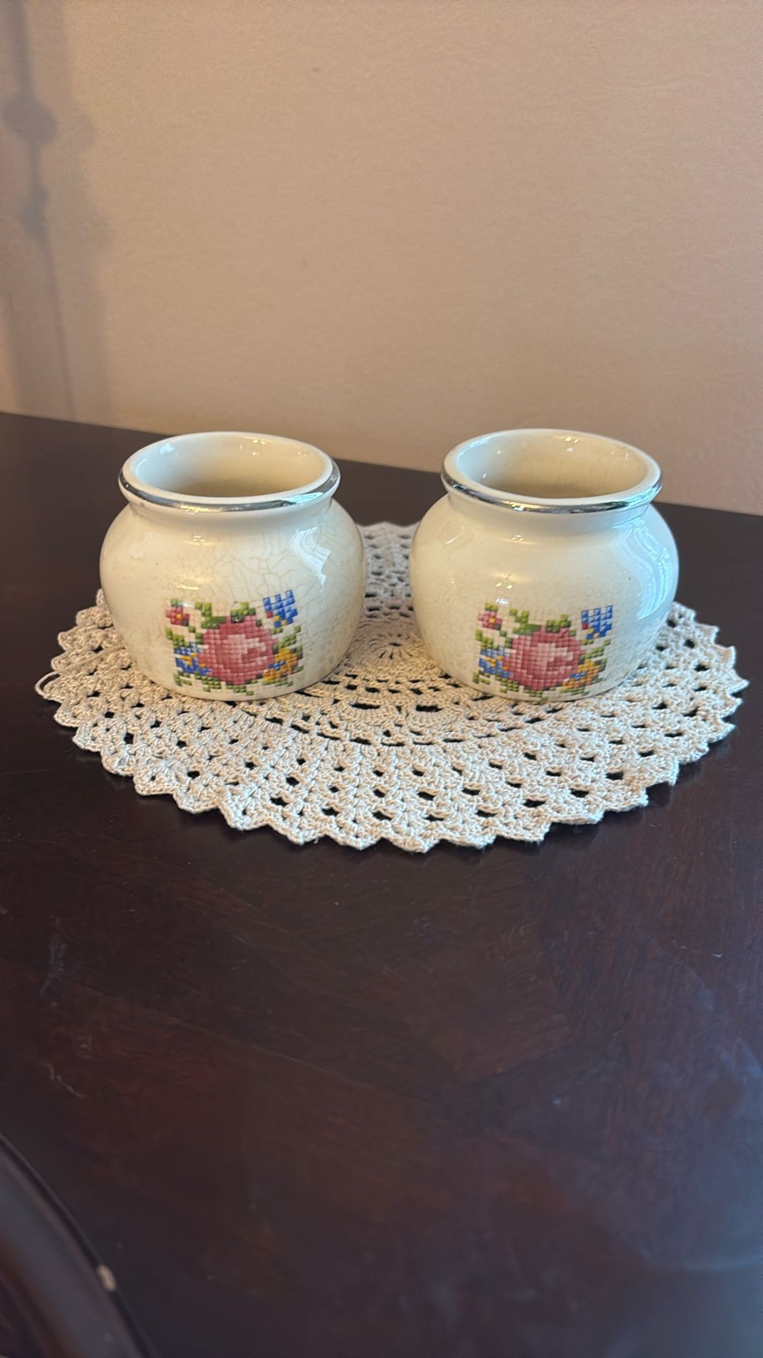 2 Harker Petit Point Bean Pots