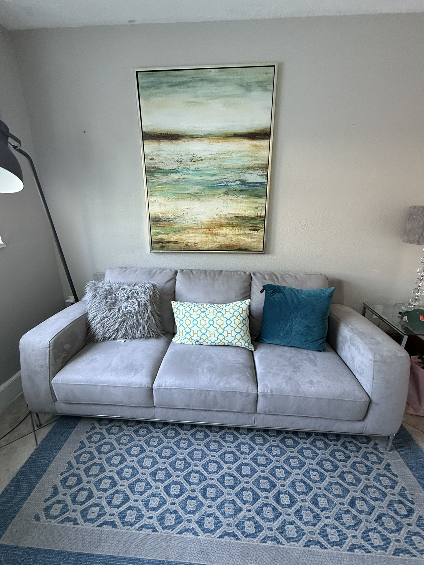 Suede Gray Sofa -Measures 81 length. 35 width