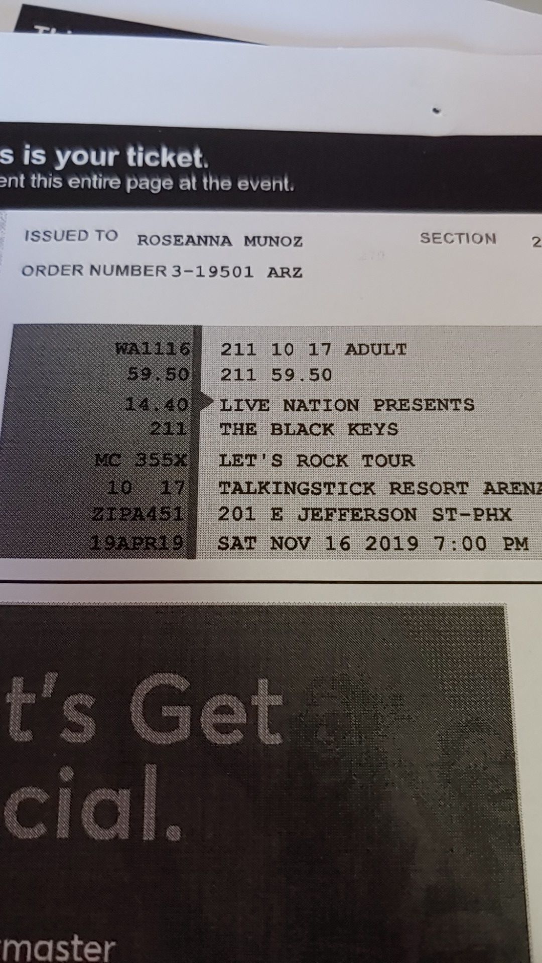 2 tickets to the Black Keys Nov 16