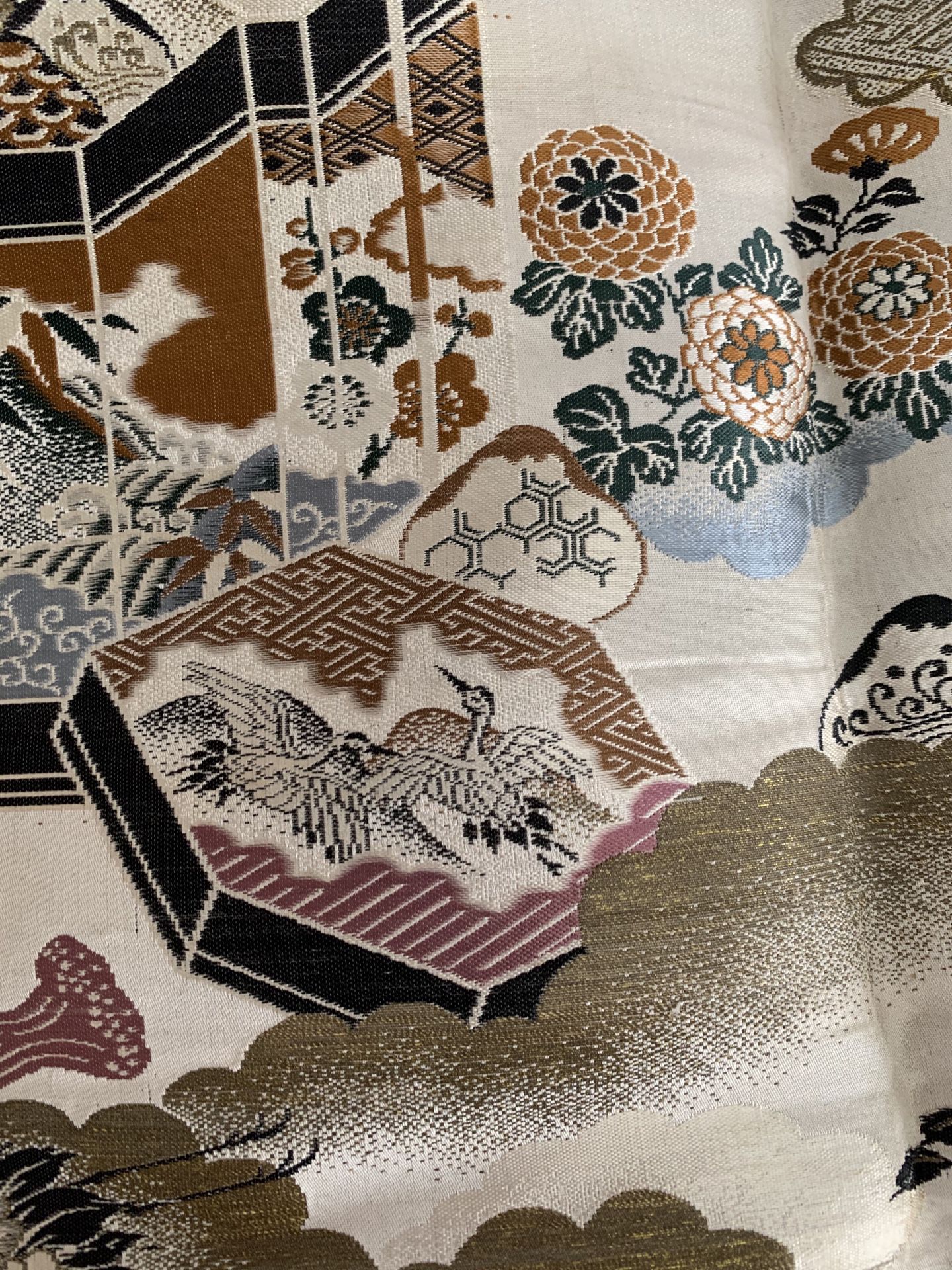 Chinese brocade fabric - herons, trees, houses, tassels - vintage