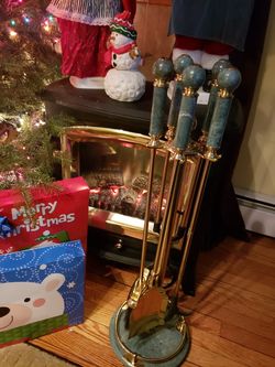 Green marble handle brass finish fire place tool set of 5 pieces