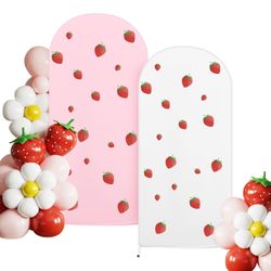 Tegeme 12 Pcs Berry First Birthday Backdrop Cover Set 7.2ft 6ft Pink and White Stretchy Arch Cover with 10 Sheets Strawberry Decal Sign Wall Stickers 