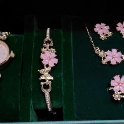 Brand New Womens Staniless Steel Womens Fashion Box . Necklace.  Earrings.  Bracelet.  Ring One Size And Watch 