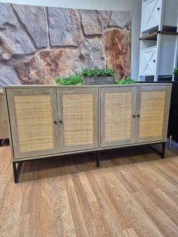 BOHEMIAN SIDEBOARD OR BUFFET IN NATURAL WOOD COLOR RATTAN DOORS & METAL LEGS 60X17X32