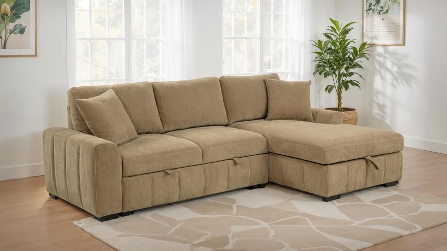 **SALE** Sectional Sofa With Pull Out Bed In Soft Camel Color Fabric! 