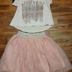 New Girls Youth 2 Piece Cold Shoulder Top  Skirt Size 7 Sparkly Pink BEST FRIEND