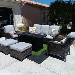 Patio Set Fire Pit And Wicker Furniture Set With Cushions 