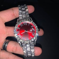 Red Stainless Steel Diamond Watch 