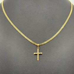 14k solid yellow gold curb 16” 2mm chain necklace & 10k gold cross pendant charm