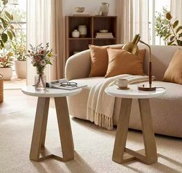 RY0438 new assembled set of 2 Round Side Table, Small End Table for Living Room (2, Brown and White)