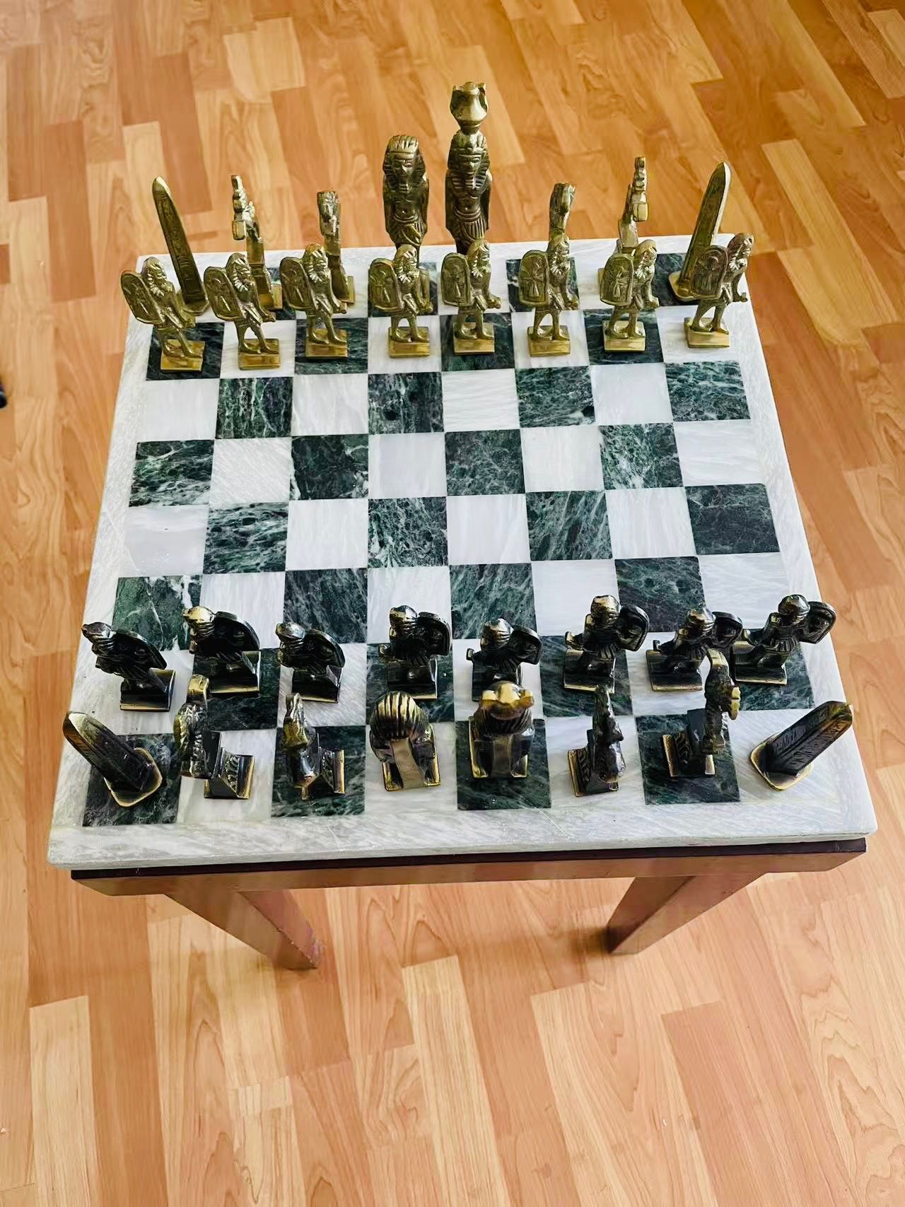 Vintage Marble Chess Set w: Brass Pieces & Table