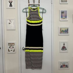 Ted Baker Neon Yellow and Navy Striped Bodycon Dress Size XS