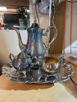 Wallace silverplate teapot sugar bowl and Creamer with footed tray