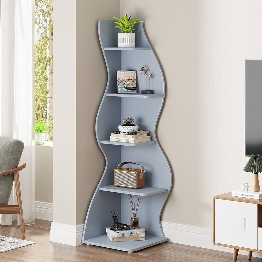 Corner Shelf, Modern 5-Tier Wall Corner Bookshelf, Stylish Corner Small Bookcase Storage Rack Plant Stand with Unique Shape for Living Room, Home Offi