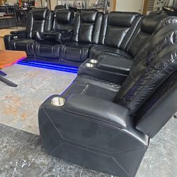 Black POWER RECLINING Breathing Leather Sectional With LED Lighting 