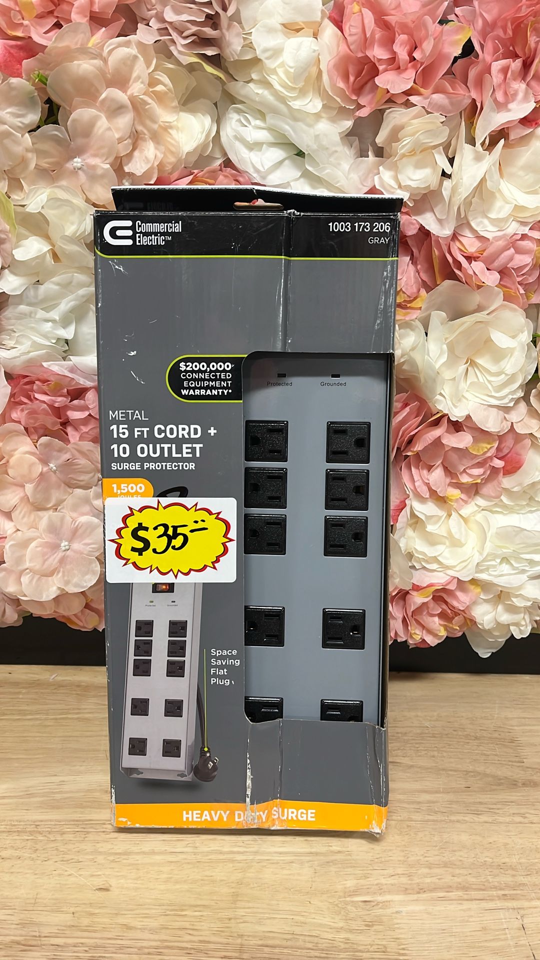 Commercial Electric 15 ft. 10-Outlet Metal Surge Protector, Gray