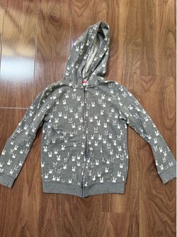 Gray Hoodie with White Bunny Print For Girls