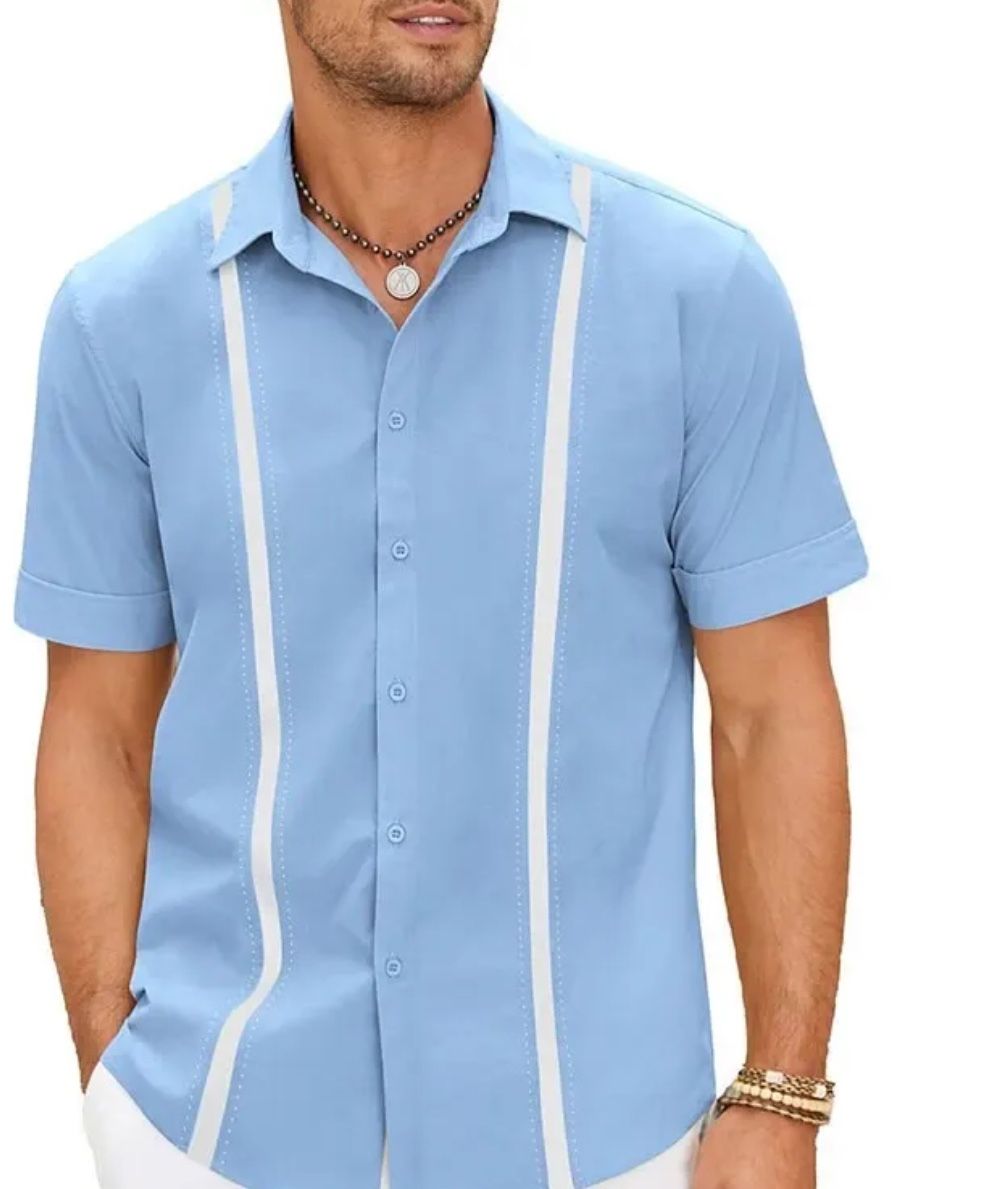 Men Short Sleeve Button-Up Casual Cuban Guayabera Beach Shirt Sz XL