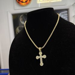 Gold Ice Chain With Cross Pendant In Baguettes 