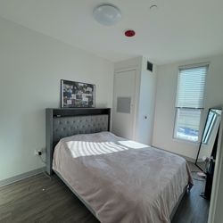 Queen Gray Velvet Bed Frame w/ LED Lights + USB - Barely Used