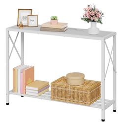 New White Console Table 41.8”, 2-Tier Entryway Table Narrow Sofa Table With Shelves
