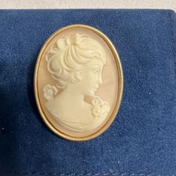 Elegant Carved Cameo Brooch With Gold Colored Trim 