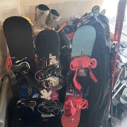 Snowboards, Skis, Boots, Helmet, Goggles 