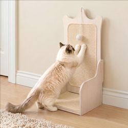 L-Shaped Cat Scratcher, Throne Design, Sisal Scratch Pad, Wooden Cat Furniture for Wall or Sofa