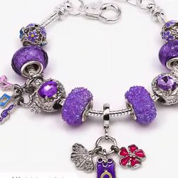 New Silver Dreamy Purple Crown, Music Notes, Flower And More Charm Braclet