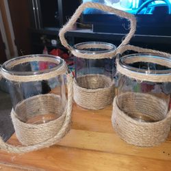 💖NEW 3 GLASS LANTERNS , WITH ROPE. USE FOR LIGHTING,  FLOWERS OR OTHER GREAT IDEAS