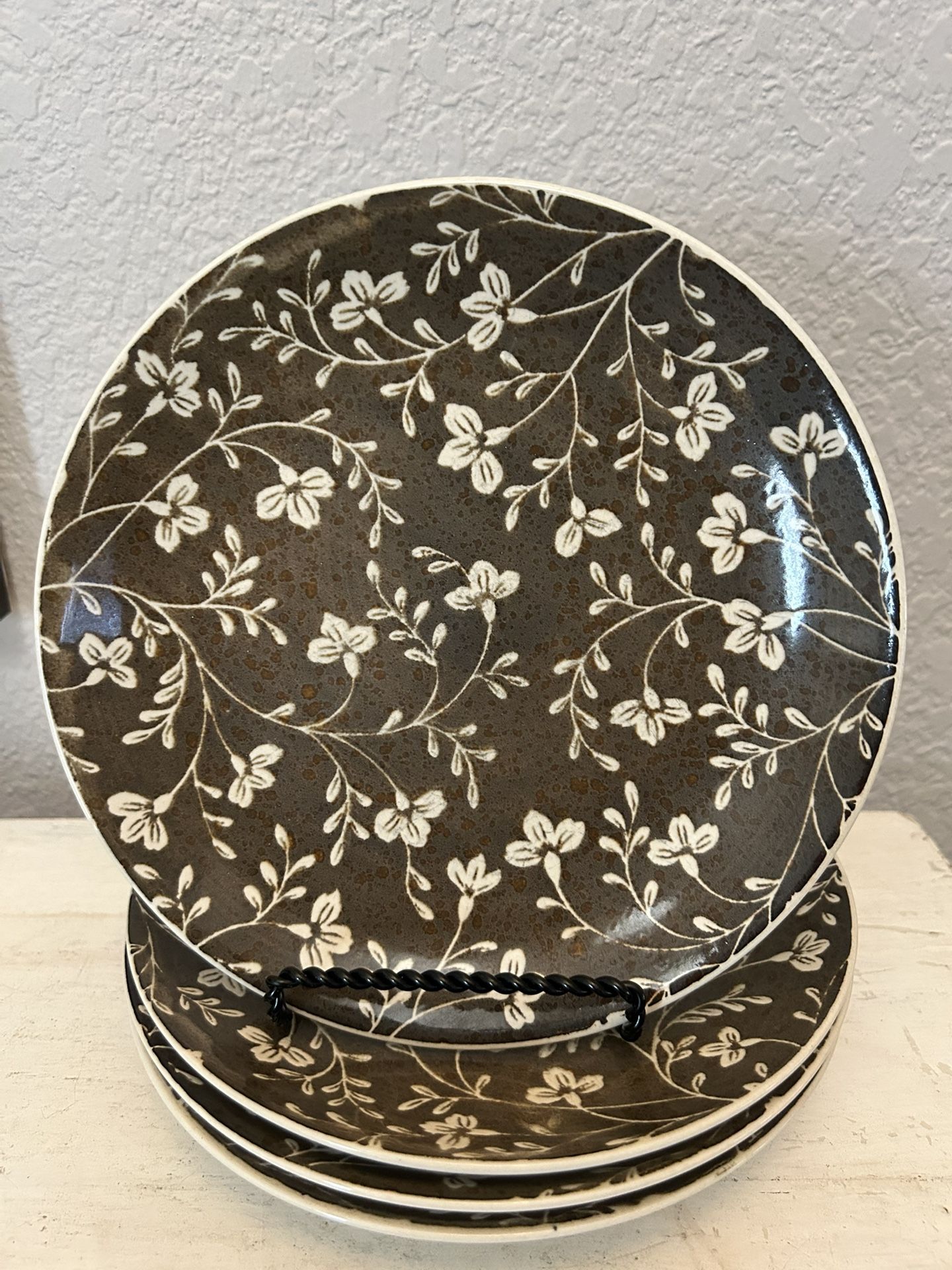 Brown Floral Ceramic Salad Plates, Set Of 4