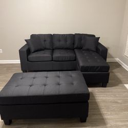 Naomi Black Linen Reversible Sofa Chaise & Ottoman 