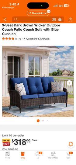New JOYSIDE 3-Seat Dark Brown Wicker Outdoor Couch Patio Couch Sofa with Blue Cushion