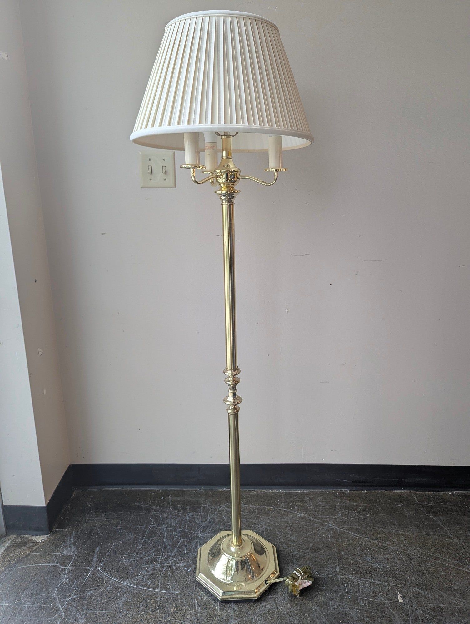 Traditional Brass Toned Triple Socket Floor Lamp with Pleated Shade