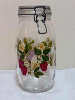 Vintage Arc France Strawberry & Floral Glass Canister Storage 2 L