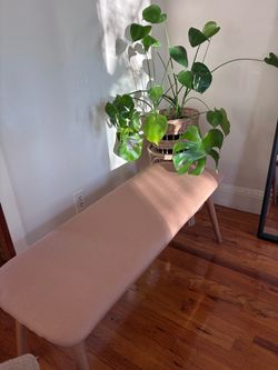 Midcentury style wood/linen bench