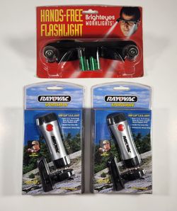 LOT OF 3 NEW RAYOVAC GRIP-CLIP LED FLASHLIGHTS AND VINTAGE HANDS FREE FLASHLIGHT