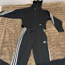 Adidas Woman’s Black Joggers & Full Zip Hoodie Sz XS