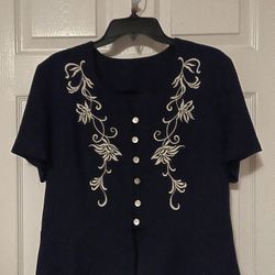 Navy Blue & White Print Top Size S/M 
